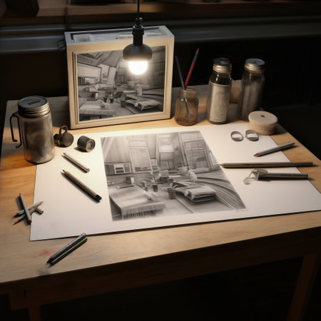 Architectural drawing and sketching tools on wooden table in officeの素材