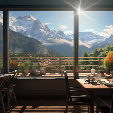 View of the mountains through the window of a terrace. 3d renderingの素材