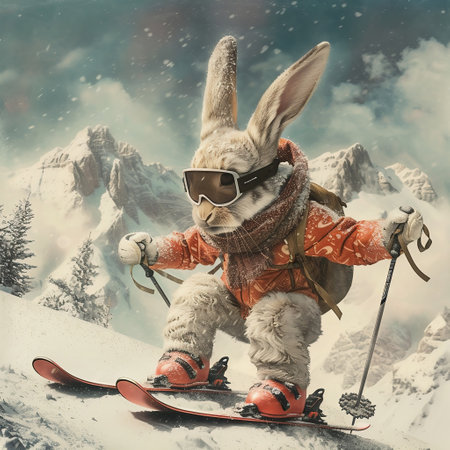 Rabbit skiing in the mountains. Winter sports concept. Toned.の素材