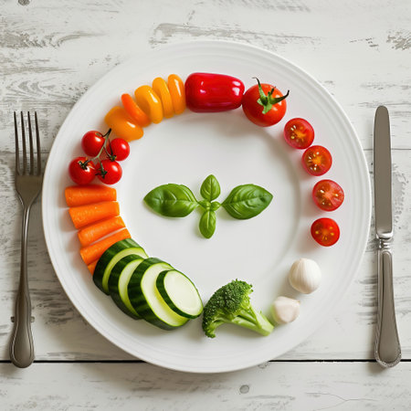 Healthy food concept. Tomato, cucumber, basil, garlic and pepper on white plate.の素材