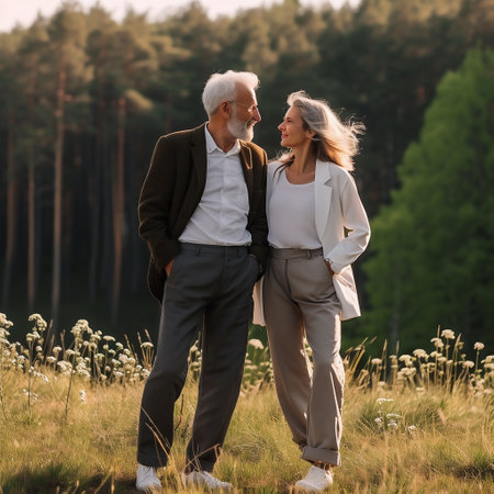 Senior couple in love walking in the forest. Happy elderly man and woman walking in nature.の素材