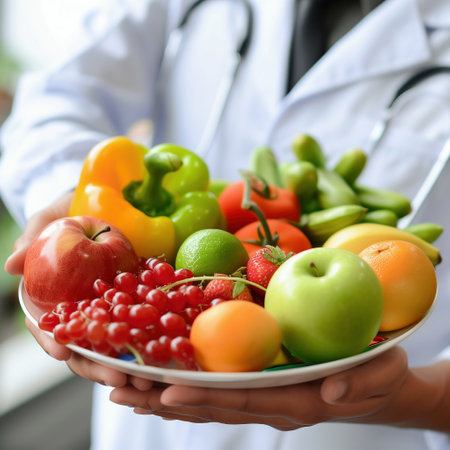 Nutritionist holding plate with fresh fruits and vegetables, closeupの素材
