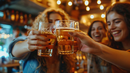 Female friends clinking glasses with beer in pub, close-upの素材