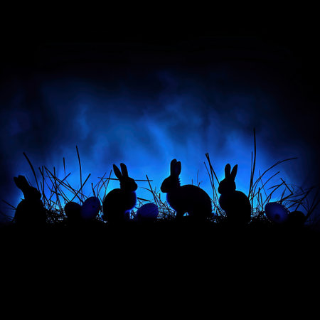Easter background with eggs and bunnies silhouettes in grassの素材
