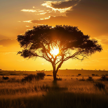 Sunset in the savannah of Serengeti National Park, Tanzaniaの素材