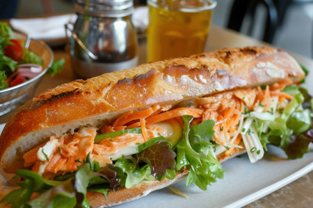 Baguette with smoked salmon and salad on a table in a restaurantの素材