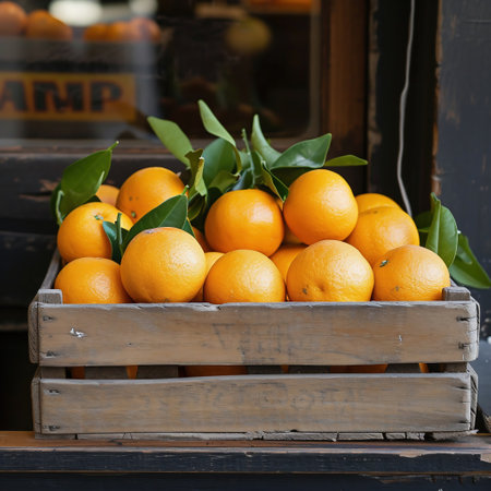 Fresh tangerines in a wooden box on the counter of the storeの素材