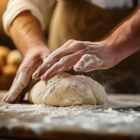 Male hands kneading dough on a wooden board with flour.の素材