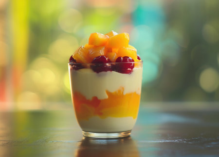 Healthy breakfast with yogurt, mango and cherries in a glassの素材