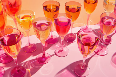 Colorful glasses of champagne on a pink background, close-upの素材