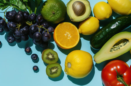 Fruits and vegetables on a blue background. Healthy food concept.の素材