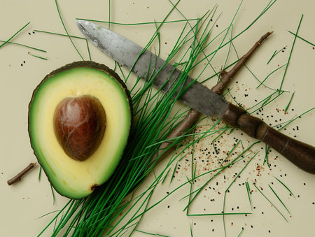 Avocado cut in half, knife and chives on a green backgroundの素材