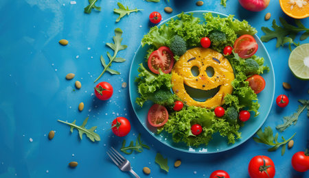 creative food face made of vegetables and fruits for kids on blue backgroundの素材