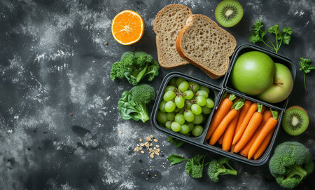 Healthy food concept. Lunch box with fruits, vegetables and bread on dark background. Top view, flat layの素材