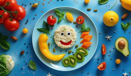 Creative food concept photo of smiling face made of vegetables and fruits.の素材