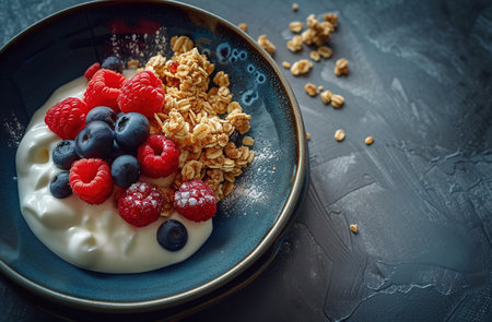 Healthy breakfast with yogurt, berries and granola on dark backgroundの素材