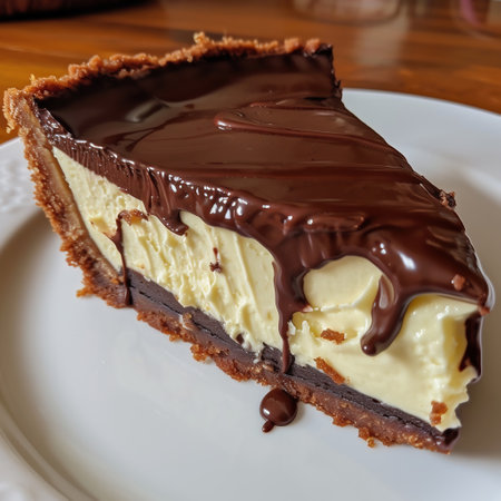 Piece of chocolate cheesecake on a white plate, close upの素材