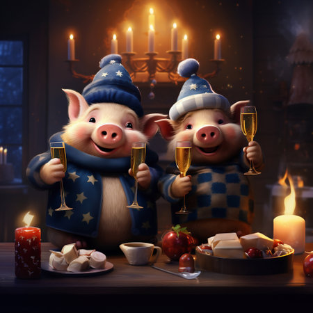 Couple of pigs in winter clothes with glasses of champagne celebrating New Yearの素材