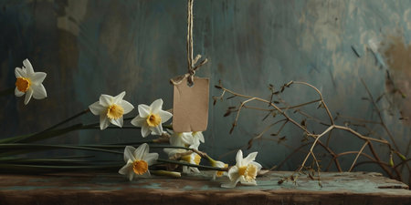 Bouquet of daffodils on a wooden table.の素材