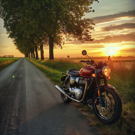 Motorcycle on the road at sunset in the countryside. 3d renderingの素材
