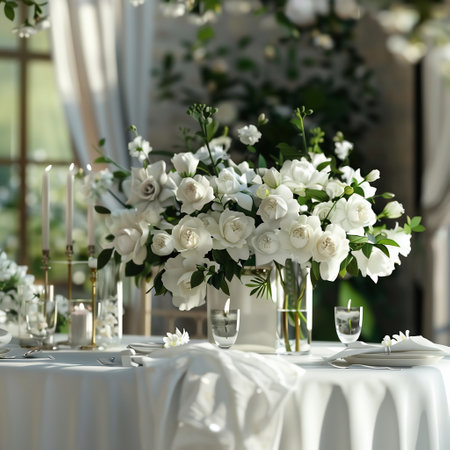 Wedding table setting with white roses, candles and cutleryの素材