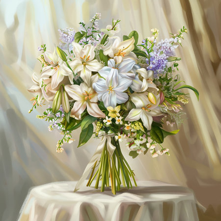 Bouquet of white lilies and lilacs on a white backgroundの素材