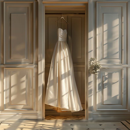 Wedding dress hanging on the door. 3d rendering.の素材