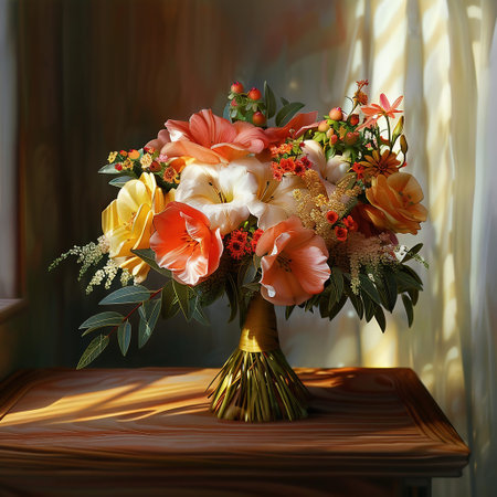 Bouquet of colorful flowers in vase on wooden table.の素材