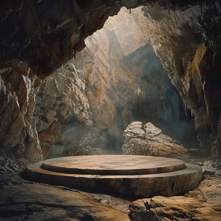 Wooden stage in the cave. 3d rendering, 3d illustration.の素材