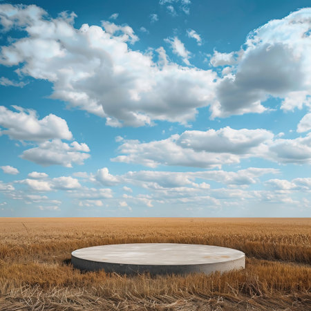 Round platform on wheat field and blue sky with clouds. 3d renderingの素材