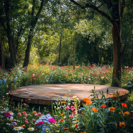 Wooden table in the garden with flowers and trees in the backgroundの素材