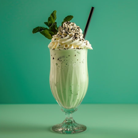 Green tea milkshake with whipped cream and mint on green backgroundの素材