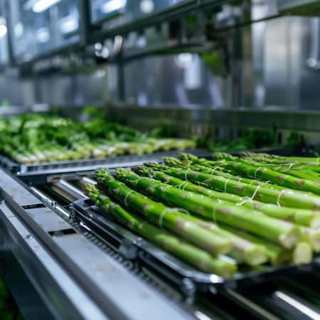 Fresh green asparagus on conveyor belt in modern food factoryの素材
