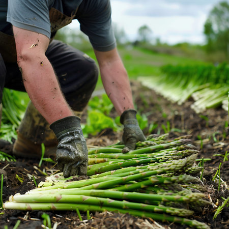 Farmer harvests green asparagus in the field.の素材