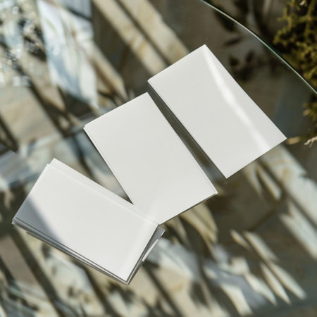 Blank business cards on glass table. Mockup for branding identity.の素材