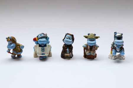 BERLIN - AUGUST 27, 2019: Vintage Star Wars Toy Figures from the Kinder Surprise Happy Hippo collection. It was released in Germany in 2002.のeditorial素材