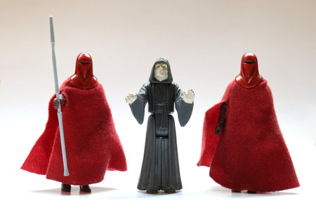 BERLIN - AUGUST 29, 2019: Vintage Star Wars Palpatine (Darth Sidious) The Emperor and Royal Guard Action Figures from Kenner Toys on White. This was released with the Movie "Return of the Jedi".のeditorial素材