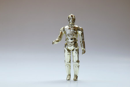 BERLIN - AUGUST 29, 2019: Vintage Star Wars C3PO Action Figure from Kenner Toys on White. This was released with the Movie "The Empire Strikes Back". C3PO's limbs were removable.のeditorial素材