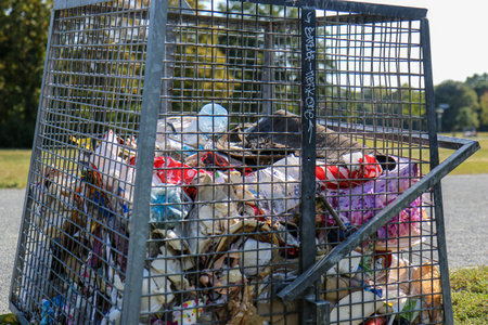BERLIN, GERMANY - SEPTEMBER 11, 2019: Full Trash Can / Waste Bin in Public Park Hasenheide in Berlin. Filled mainly with plastic trashのeditorial素材
