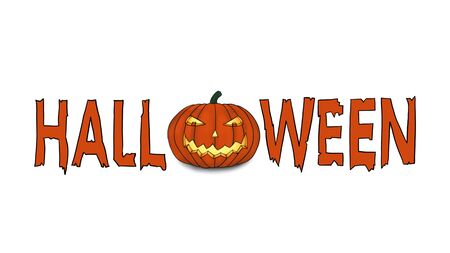 Scary Halloween Text with spooky grinning Pumpkin isolated on White Background. Can be used for invitation, poster, title card, postcard, etc.の写真素材