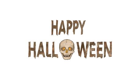 Happy Halloween Text with a spooky Ghost Skull with glowing eyes isolated on White.の写真素材
