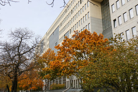 BERLIN - NOVEMBER 8, 2018: Large Deutsche Rentenversicherung / Pension Insurance Building in Kreuzberg in fall with autumn colorsのeditorial素材