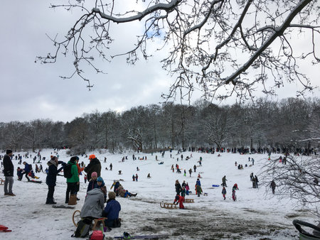 BERLIN, GERMANY - JANUARY 30, 2021: People enjoying the snow in the city at public park Hasenheide....