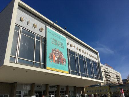 Kino International, a famous Movie Theatre on Karl-Marx-Allee in former East Berlin near Alexander Platz, built 1961-1963 in the GDR. Sunny fall day.のeditorial素材