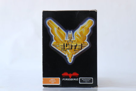 Vintage Retro Video Game ELITE for the Commodore Amiga on Floppy Disks. Front side of box.のeditorial素材