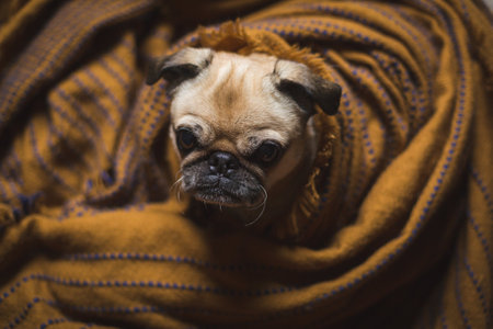 dog face peeks out of blanketsの写真素材