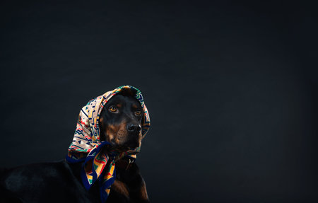 a black and tan dog in a patterned head scarfの写真素材