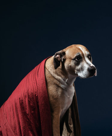 a bewildered looking tan dog draped in a red blanketの写真素材