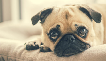 pug in dog bedの写真素材