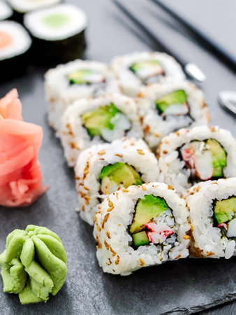 Rolls with tuna, avocado and noriの写真素材